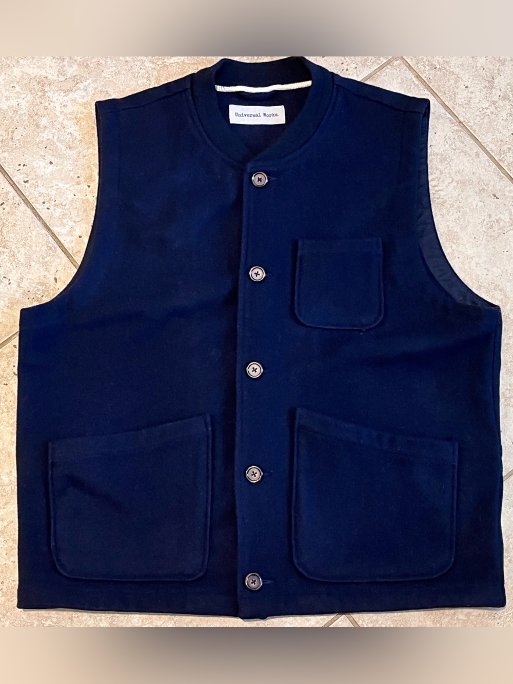 Universal Works Wool Snap Button Gilet Vest Navy Blue XL EUC